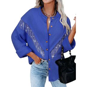 MYMORE Women's Sparkly Rhinestone Fringe Shacket Jacket Waffle Glitter Tassel Shirt Western Cowgirl Country Concert Outfits