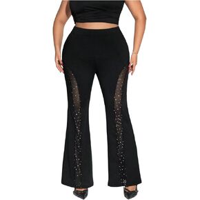 Floerns Women's Plus Size Rhinestone Bell Bottom Pants Glitter Contrast Mesh Trousers in Saudi Arabia