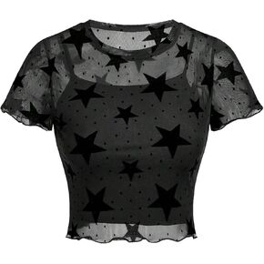 Girl's 2 Piece Outfits Star Graphic Y2K Sheer Mesh Shirts and Spaghetti Strap Camisole Tops