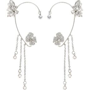 Silver Butterfly Drop Dangle Earrings - Zircon Rhinestone Ear Cuffs for Women - No Piercing, Perfect for Birthday or Wedding