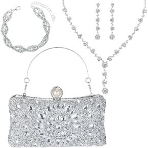 Quelay 4 PCS Women Women Rhinestone Clutch محافظ المجوهرات مجموعة الفضة القابض في المساء Bling Crystal Necklace Dangle Strail