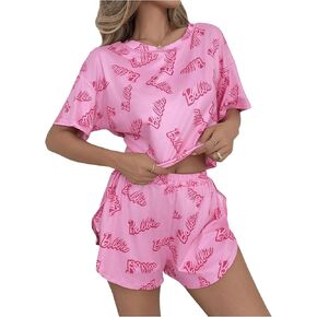 OYOANGLE Women's Two Piece Pajama Set Letter Print Crew Neck Short Sleeve T Shirt and Split Hem Shorts Set