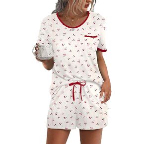 Hilinker Women 2 Piece Cherry Pajama Set Short Sleeve Top with Shorts Ribbed Lounge Sets