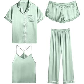 Ekouaer 4PCs Womens Satin Silky Pajama Set Button Down Top and Long Pants Loungewear Camisole Top and Shorts Sleepwear