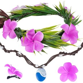 Hawaiian Flower Crown Accessories - 4 Pcs Tropical Floral Headpiece Lei Luau Hair Clips and Necklace for Girls Women Beach Pool Hawaii Party Princess Costume Accessory Set