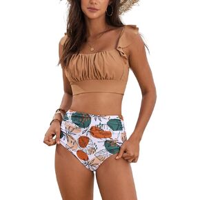 Tainehs Women Two Piece Bikini Set Ruffle High Waisted Swimsuit Ruched Tummy Control Bathing Suit