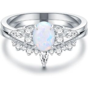 Opal Engagement Ring for Women 925 Sterling Silver 1 Carat Oval Opal Ring Set with Cubic Zirconia Opal Bridal Set Promise Ring for Her