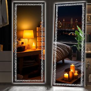 Hasipu 62" x 21" Full Length Mirror with LED Lights, Full Body Mirror with Triangle Pattern Light, LED Free Standing Floor Mirror, Wall Mounted Mirror Dimming & 3 Color Modes(Black)