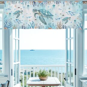 Coastal Valances for Windows, Summer Nautical Valances, Blue Seaside Valance Curtains Sea Turtle Jellyfish Starfish Kitchen Window Decor Ocean Coral Conch Living Room Bedroom Bathroom 51x18in