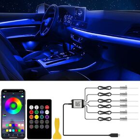Car LED Interior Strip Lights 6 in 1 APP and Remote Control, RGB 16 Million Colors Ambient Lighting Kit with 315 inches Fiber Optic,Car Decoration for Dash Door Roof