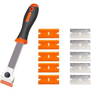 Razor Blade Scraper, Multi-Purpose Glass Scraper with 5 Plastic & 5 Metal Blades, Long Handled Cleaning Scraper Tool for Removing Sticker, Decal, Paint, Caulk from Car Window, Stovetop (Orange, 1PCS)