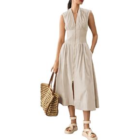 Womens Dress Deep V Neck Zip Up Cap Sleeve Smocked Elastic Waist Split Summer Casual Midi Dress with Pockets
