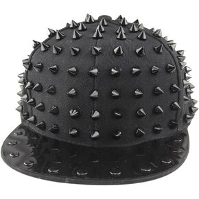 Spike Studded Accessories Punk Hats Adjustable Cap Bright Brim (Black-Black)