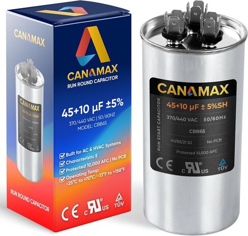 Canamax 45+10 uf ± 5% MFD 370 Or 440V Round Run Capacitor - Replacement for Air Conditioner 50/60Hz for AC Motor Run or Fan Start and Cool or Heat Pump Air Conditioner in Saudi Arabia