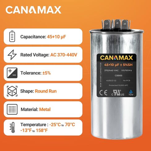 Canamax 45+10 uf ± 5% MFD 370 Or 440V Round Run Capacitor - Replacement for Air Conditioner 50/60Hz for AC Motor Run or Fan Start and Cool or Heat Pump Air Conditioner in Saudi Arabia