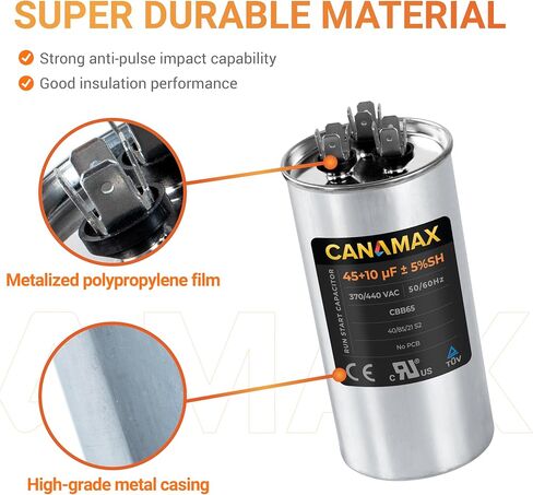 Canamax 45+10 uf ± 5% MFD 370 Or 440V Round Run Capacitor - Replacement for Air Conditioner 50/60Hz for AC Motor Run or Fan Start and Cool or Heat Pump Air Conditioner in Saudi Arabia