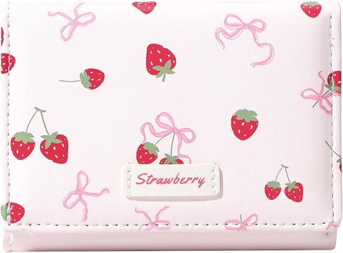 Small Cute Wallet with Strawberry Coquette Bow Print ID Credit Card Holder for Women Girls (PINK) in Saudi Arabia
