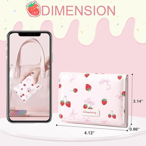 Small Cute Wallet with Strawberry Coquette Bow Print ID Credit Card Holder for Women Girls (PINK) in Saudi Arabia
