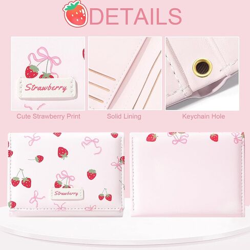 Small Cute Wallet with Strawberry Coquette Bow Print ID Credit Card Holder for Women Girls (PINK) in Saudi Arabia