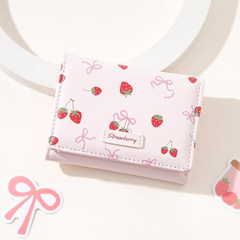 Small Cute Wallet with Strawberry Coquette Bow Print ID Credit Card Holder for Women Girls (PINK) in Saudi Arabia