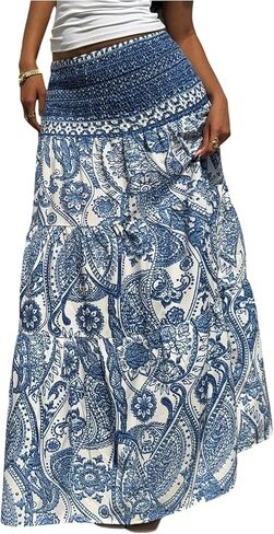 Milumia النسائية Paisley Print Flowy Maxi Jaxi Boho Shirred Long Skirts Beach Vacation in Kuwait