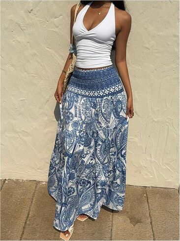 Milumia النسائية Paisley Print Flowy Maxi Jaxi Boho Shirred Long Skirts Beach Vacation in Kuwait
