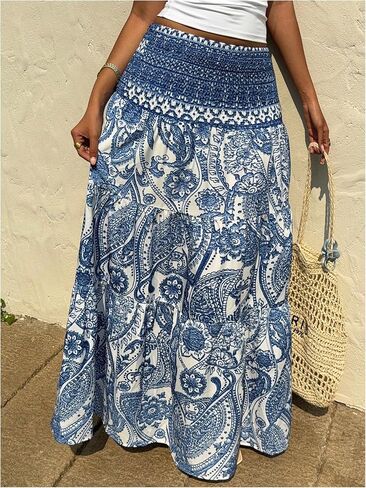 Milumia النسائية Paisley Print Flowy Maxi Jaxi Boho Shirred Long Skirts Beach Vacation in Kuwait