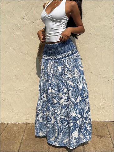 Milumia النسائية Paisley Print Flowy Maxi Jaxi Boho Shirred Long Skirts Beach Vacation in Kuwait