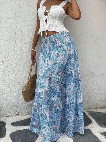 Milumia النسائية Paisley Print Flowy Maxi Jaxi Boho Shirred Long Skirts Beach Vacation in Saudi Arabia