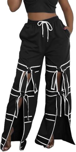 Vaceky Bow Tie Sweatpants Women Wide Leg Split Flowy Casual Trouser Pants in Saudi Arabia