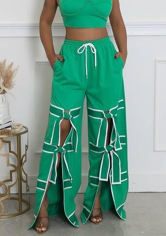 Vaceky Bow Tie Sweatpants Women Wide Leg Split Flowy Casual Trouser Pants in Saudi Arabia