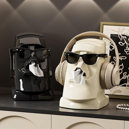 Paper Towel case Creative Moai Tissue Box Holder for Sunglasses, Headphones & Hats - Decorative Storage Organizer for Living Room, Bedroom, Office -ABS Plastic, 3 Colors Available (White) in Saudi Arabia