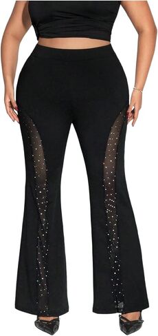 Floerns Women's Plus Size Rhinestone Bell Bottom Pants Glitter Contrast Mesh Trousers in Saudi Arabia