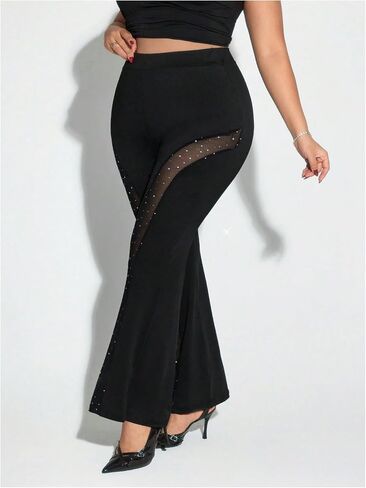 Floerns Women's Plus Size Rhinestone Bell Bottom Pants Glitter Contrast Mesh Trousers in Saudi Arabia
