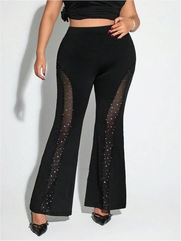 Floerns Women's Plus Size Rhinestone Bell Bottom Pants Glitter Contrast Mesh Trousers in Saudi Arabia
