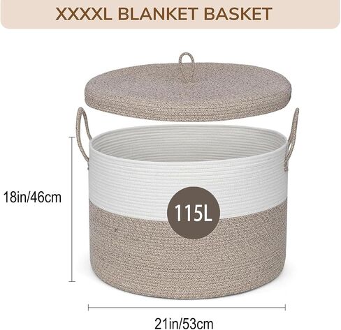 سلة بطانية كبيرة جدًا XXXXL مع غطاء سلة تخزين منسوجة صلبة بسُمك 115 لتر للبطانية واللعبة، سلة غسيل كبيرة بمقبض مقاس 21 بوصة × 21 بوصة × 18 بوصة باللون الأسود in Kuwait