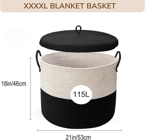 سلة بطانية كبيرة جدًا XXXXL مع غطاء سلة تخزين منسوجة صلبة بسُمك 115 لتر للبطانية واللعبة، سلة غسيل كبيرة بمقبض مقاس 21 بوصة × 21 بوصة × 18 بوصة باللون الأسود in Saudi Arabia