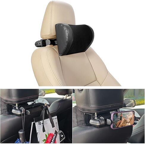 Mandark Car Neck Pillow, Memory Foam Vehicles Adjustable Support Headrest Pillow with Hook ＆ Tablet Phone Holder Mount, Multifunctional Auto Interior Accessories, Universal for SUV RV Truck (Black) in Kuwait