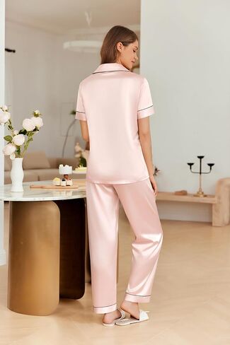 ekouaer 4pcs نساء ساتان حريري بيجاما ضبط زر لأسفل أعلى وسراويل طويلة صالة لوكسول أعلى وملابس سروال in Saudi Arabia