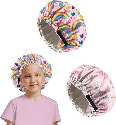 2 PCS Kids Bonnets for Girls Boys Satin Hair Bonnet Adjustable Double Layer Silk Child Night Sleeping Cap Cute-Astronaut in Saudi Arabia