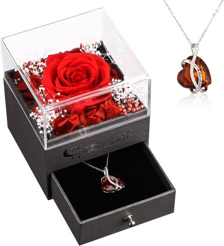 Preserved Red Real Rose with I Love You Necklace-Eternal Flowers Rose Birthday Gifts for Mom Grandma Wife, I Love You Gifts for Her, Anniversary or Romantic Gift for Women (February) in Kuwait