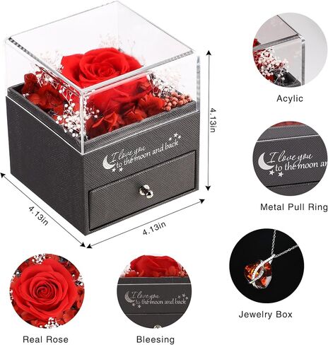 Preserved Red Real Rose with I Love You Necklace-Eternal Flowers Rose Birthday Gifts for Mom Grandma Wife, I Love You Gifts for Her, Anniversary or Romantic Gift for Women (February) in Kuwait