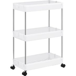 SONGMICS Slim Storage Cart, 4-Tier Rolling Cart, Narrow Utility Cart on Wheels, 6 Hooks, 360° Swivel Wheels, Lockable, Steel Frame, Bathroom, Kitchen, Office, Dove Gray UKSC010G01