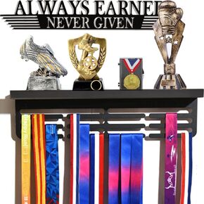 Trophy and Medal Display Shelf , Medal Holder Display with Wooden Trophy Shelf , Medal Hanger Display , Race Medal Rack for Gymnastics... always earnd never given with 50+ easy to install (black)