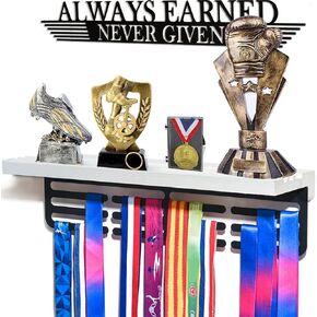 Trophy and Medal Display Shelf , Medal Holder Display with Wooden Trophy Shelf , Medal Hanger Display , Race Medal Rack for Gymnastics... always earnd never given with 50+ easy to install (black)