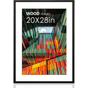 20x28 Poster Frame,28x20 Natural Soild Wood Black Picture Frames with Polished Plexiglass,Display Picture 16x24 with White Mat or 20x28 Without Mat for Wall Mounting Horizontally and Vertically