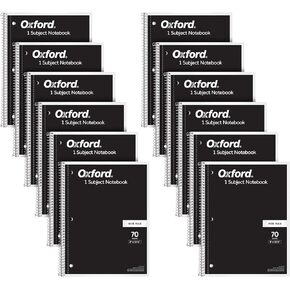 Oxford Spiral Notebook 12 Pack, 1 Subject, Wide Ruled Paper, 8 x 10-1/2 Inch, Black Covers, 70 Perforated Sheets (65216)