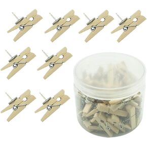 50 Pieces Push Pin with Wooden Clips with a Clear Box, Pushpins Tacks Thumbtacks for Project Crafts or Hanging Photos