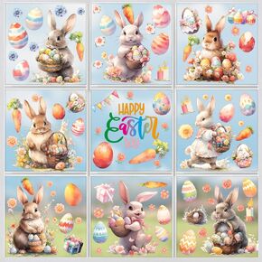 9 Sheets Easter Window Clings Decorations, Electrostatic Spring Easter Window Stickers for Glass Window, Reusable Double-Sided Easter Bunny Window Stickers Decals for Party Decorations Holiday Decor