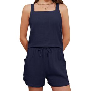 Womens 2 Piece Outfits Summer Matching Sets Square Neck Crop Tops Shorts Sets with Pockets